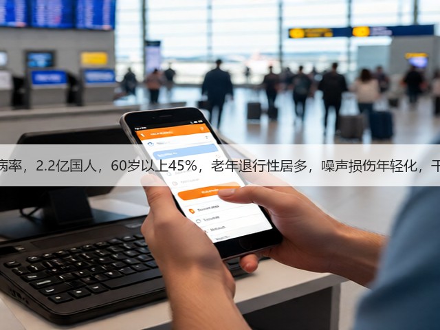 听力损失患病率，2.2亿国人，60岁以上45%，老年退行性居多，噪声损伤年轻化，干预需求巨大(图2)