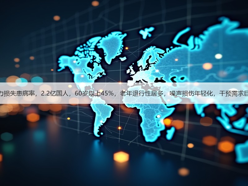 听力损失患病率，2.2亿国人，60岁以上45%，老年退行性居多，噪声损伤年轻化，干预需求巨大